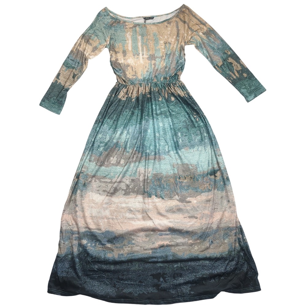 Noracora Maxi Dress Womens M Teal Abstract Landscape Long Sleeve Cotton Blend